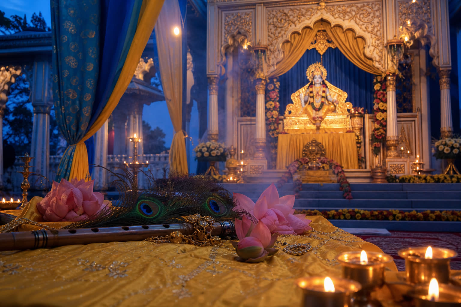 श्रीमद् भागवत कथा - कृष्ण मंदिर में दीप और वेदी
